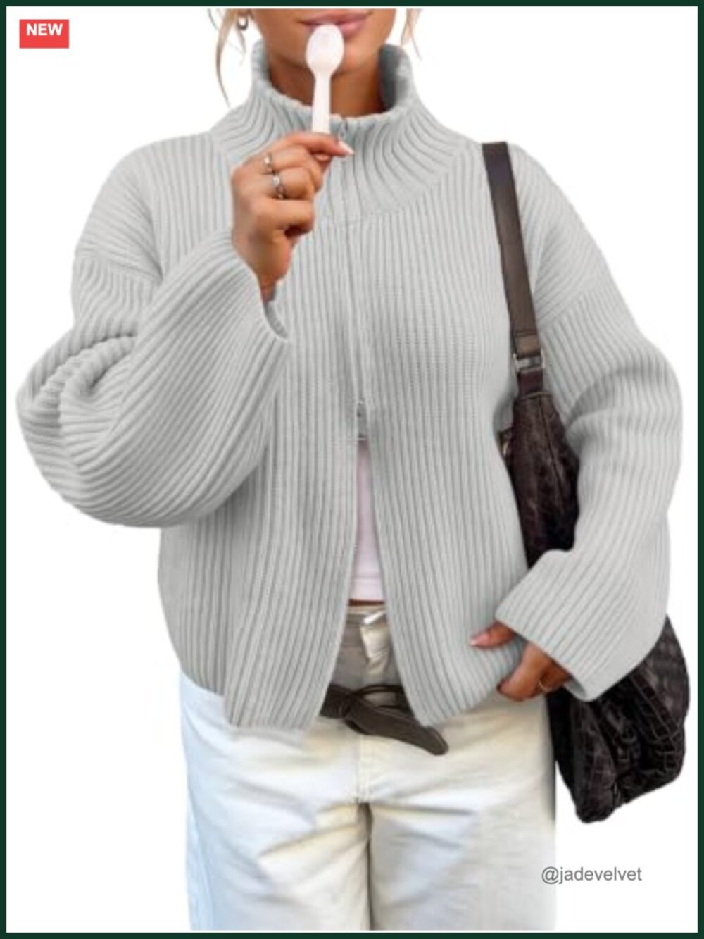 Womens Zip Up Chunky Ribbed Knit Cardigan Mock Neck Sweater Jacket Loose Fit